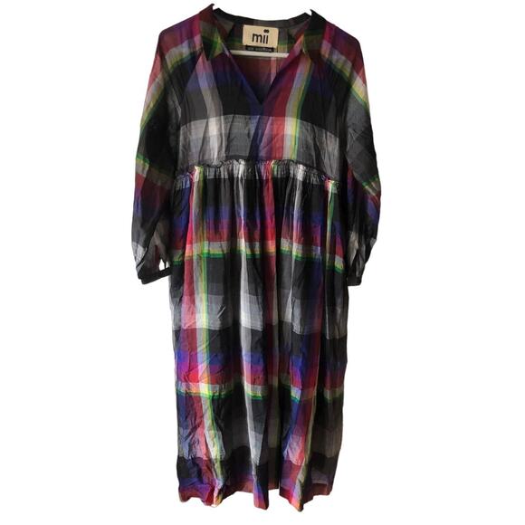 Hampden MII Women's Hand Woven Silk Cotton Long Dress Multico Check XS NWT $495